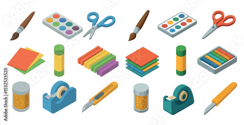 Arts and crafts isometric icons set – 3d, creative, diy symbols collection