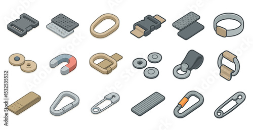 Fasteners and hardware icons set – isometric, detailed, tools and accessories graphics