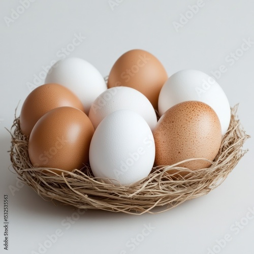 Wallpaper Mural Close-up of fresh brown and white poultry eggs carefully placed in a natural woven nest isolated on white background Torontodigital.ca
