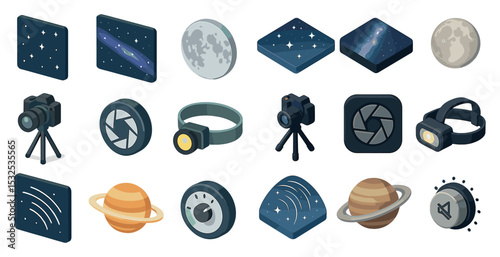 Space exploration isometric icons set – galaxy, astronomy, celestial symbols