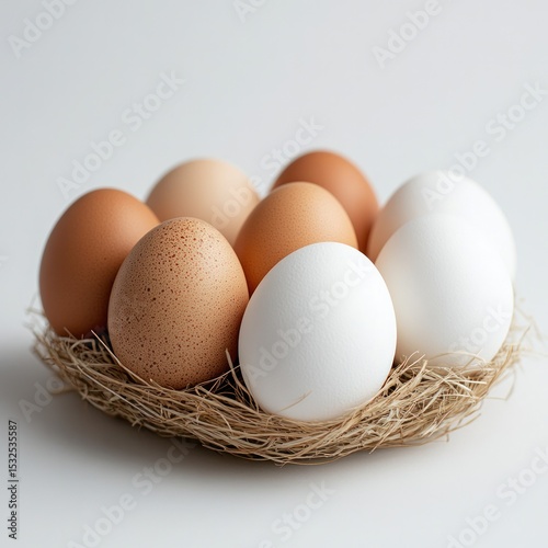 Wallpaper Mural Close-up of fresh brown and white poultry eggs carefully placed in a natural woven nest isolated on white background Torontodigital.ca