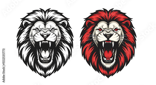 Two stylized lion heads, one black and white, one red, roaring.