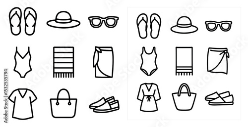 Beach and summer outline icons set – silhouette, linear, vacation symbols