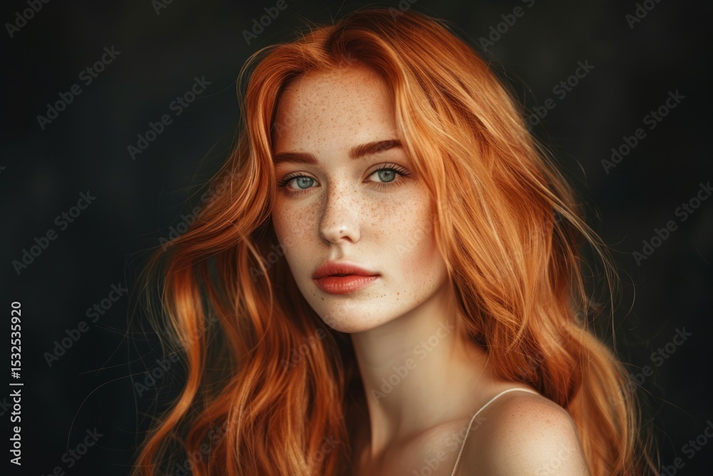 Fototapeta premium Young woman with red hair against dark background. Neural network AI generated