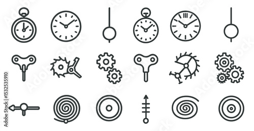 Clock and time outline icons set – linear style, watch, hour symbols