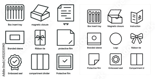 Packaging and shipping outline icons set – flat, linear, box and wrapping symbols