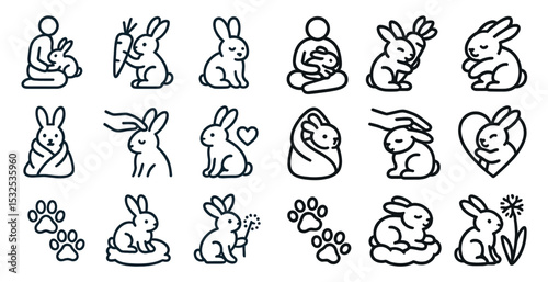 Animal care outline icons set – pet, rabbit, wildlife and humane treatment symbols