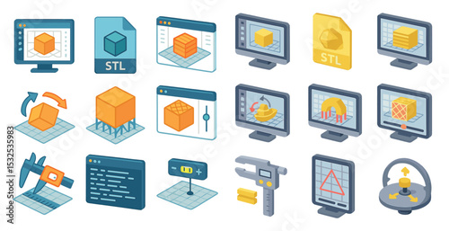 3d printing icons set – isometric, filled, design and prototyping graphics