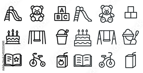 Playground fun line icons set – outline, solid, children's activities symbols