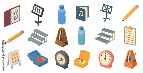 Office essentials isometric icons set – flat, filled, workplace and productivity symbols