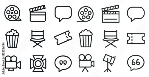 Film and cinema line icons set – outline, movie, entertainment symbols