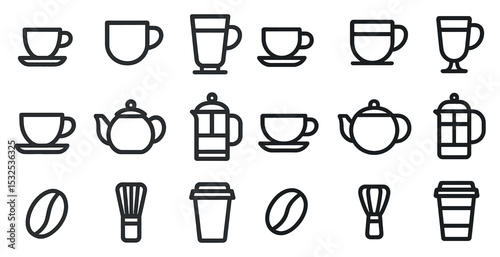 Coffee and tea outline icons set – linear, cup and kettle symbols for beverage menus