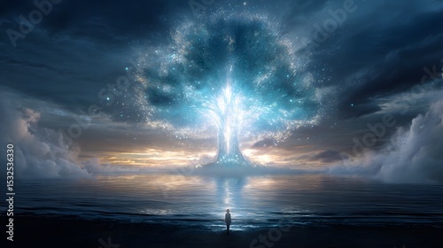 A majestic glowing tree of light stands tall in the center of a serene ocean illuminated by ethereal blue and white energy  Mystical clouds part to reveal a golden sunrise photo