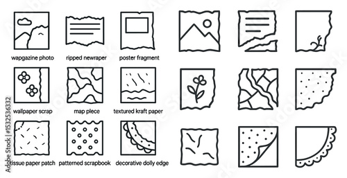 Scrapbook outline icons set – flat, linear, crafting and paper design symbols