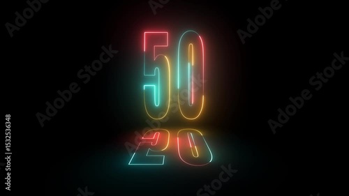 A neon sign with the number 50 on it. The sign is bright and colorful, and it is glowing in the dark. The sign is likely used for advertising or promoting something