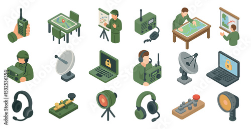 Military and communication isometric icons set – tactical, equipment, army symbols