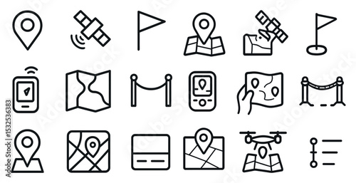 Navigation and map outline icons set – linear, location, gps symbols