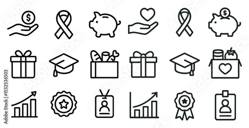 Charity and donation outline icons set – gift, aid, support symbols