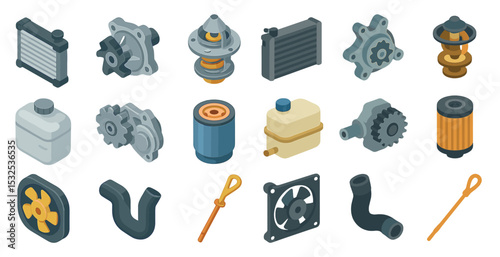 Car parts icons set – isometric, auto, vehicle maintenance symbols