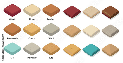 Furniture materials flat icons set – textile, texture, upholstery symbols