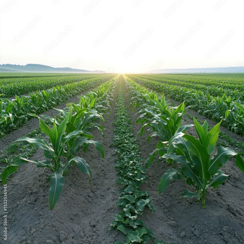 Fototapeta premium Mature cornfield with rich green hues and evenly spaced rows in a tranquil rural setting, isolated on white background