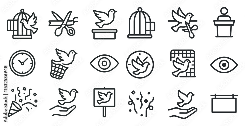 Naklejka premium Freedom and peace icons set – outline, linear, dove and liberty symbols