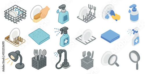 Dishwashing 3d icons set – clean, hygiene and kitchen cleaning tools