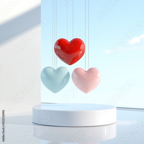 Minimalist pink and red cylindrical pedestal with suspended pastel heart paper cutouts representing love isolated on white backdrop