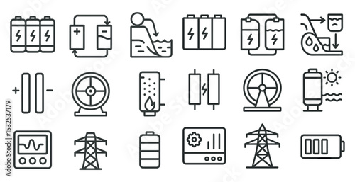 Energy and battery icons set – outline, linear, power and electricity symbols