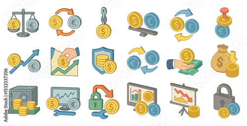 Finance and banking flat icons set – money, currency, investment graphics