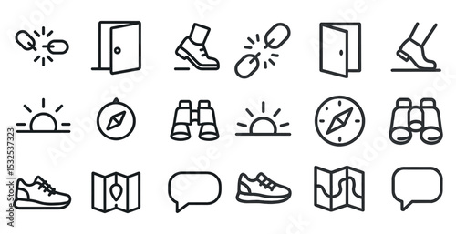 Adventure and exploration line icons set – outline, travel, discovery elements