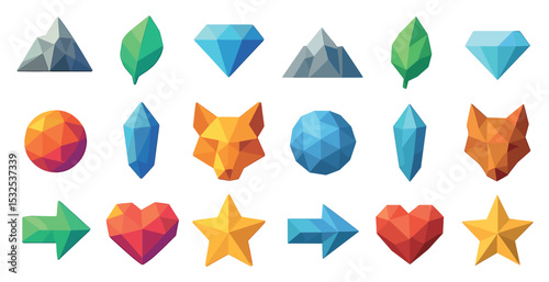 Geometric 3d icons set – polygonal, abstract, modern design shapes
