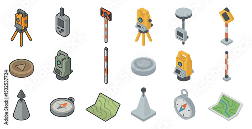 Surveying equipment isometric icons set – topography, measurement, mapping symbols