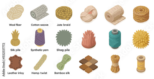 Textile and yarn icons set – isometric, 3d, weaving and fiber design symbols