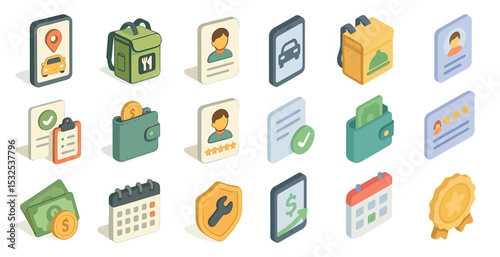 Service and booking isometric icons set – flat, solid, reservation and scheduling graphics