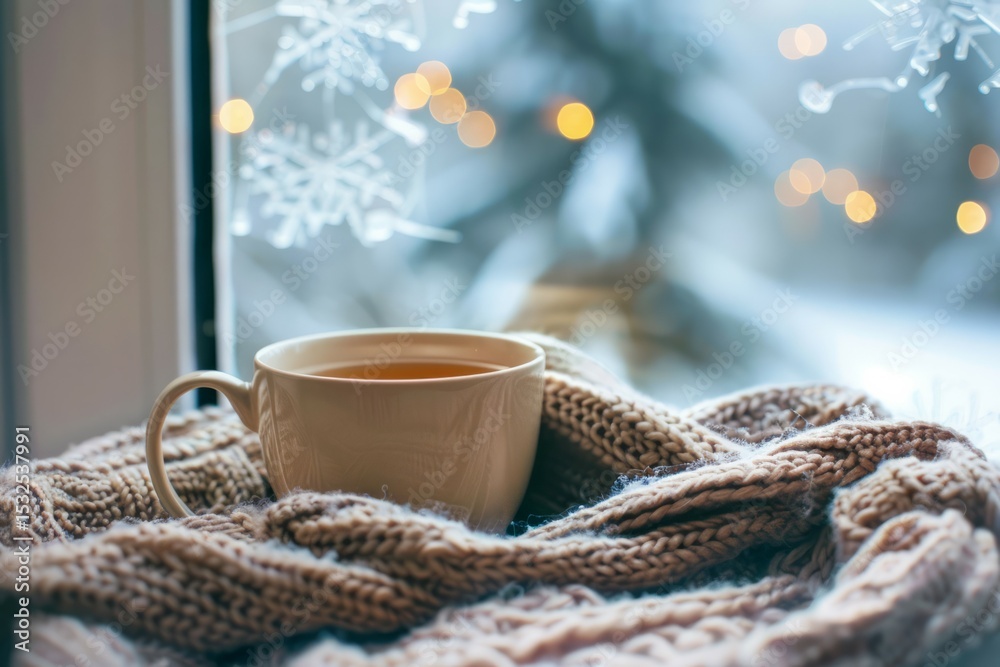 Cozy tea by frosted window with knit scarf. Neural network AI generated Cozy tea by frosted window with knit scarf. Neural network AI generated