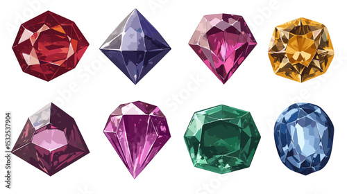 Vector set of precious expensive gemstones of different crystals shapes sapphire diamond ruby ​​crystal carat emerald yellow green blue gold pearl sparkles on a white background