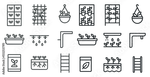 Gardening and plant outline icons set – line, silhouette, horticulture symbols
