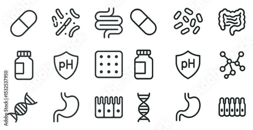 Probiotics and gut health icons set – outline, linear, digestive symbols