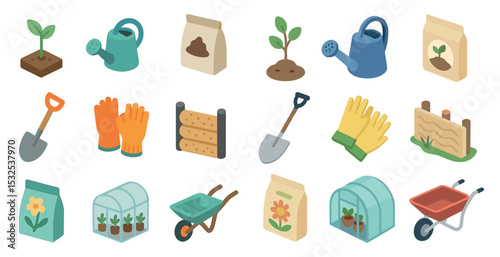 Gardening tools icons set – isometric, planting, horticulture symbols