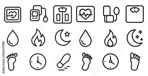Health and fitness outline icons set – linear, flat, wellness and exercise symbols