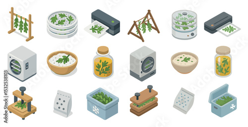 Herb drying isometric icons set – flat, culinary, preservation symbols