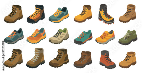 Hiking and outdoors 3d icons set – footwear, trail, adventure symbols