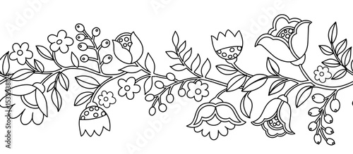 Coloring book. Seamless border of abstract fantasy flowers in folk style. Vector illustration in doodle style