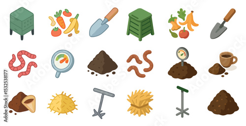 Composting and gardening icons set – flat, organic, eco-friendly symbols