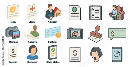 Insurance and finance flat icons set – claims, policy management, protection symbols