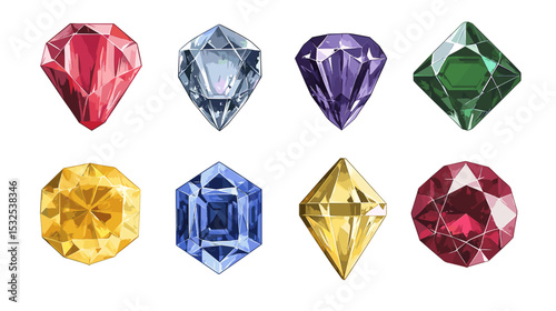 Vector set of precious expensive gemstones of different crystals shapes sapphire diamond ruby ​​crystal carat emerald yellow green blue gold pearl sparkles on a white background