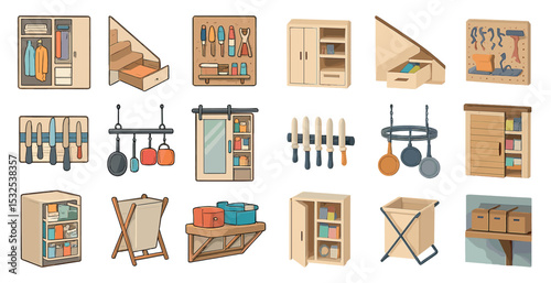 Home organization icons set – flat, storage, declutter and space-saving symbols