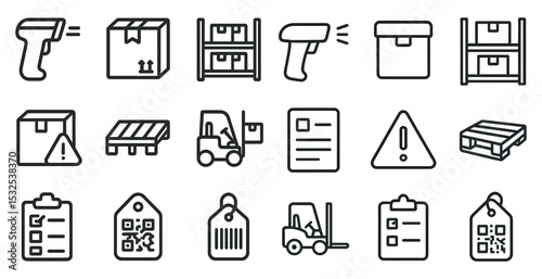 Warehouse and inventory line icons set – solid, outline, storage and logistics symbols
