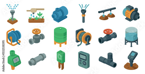 Irrigation and farming 3d icons set – agriculture, water management tools